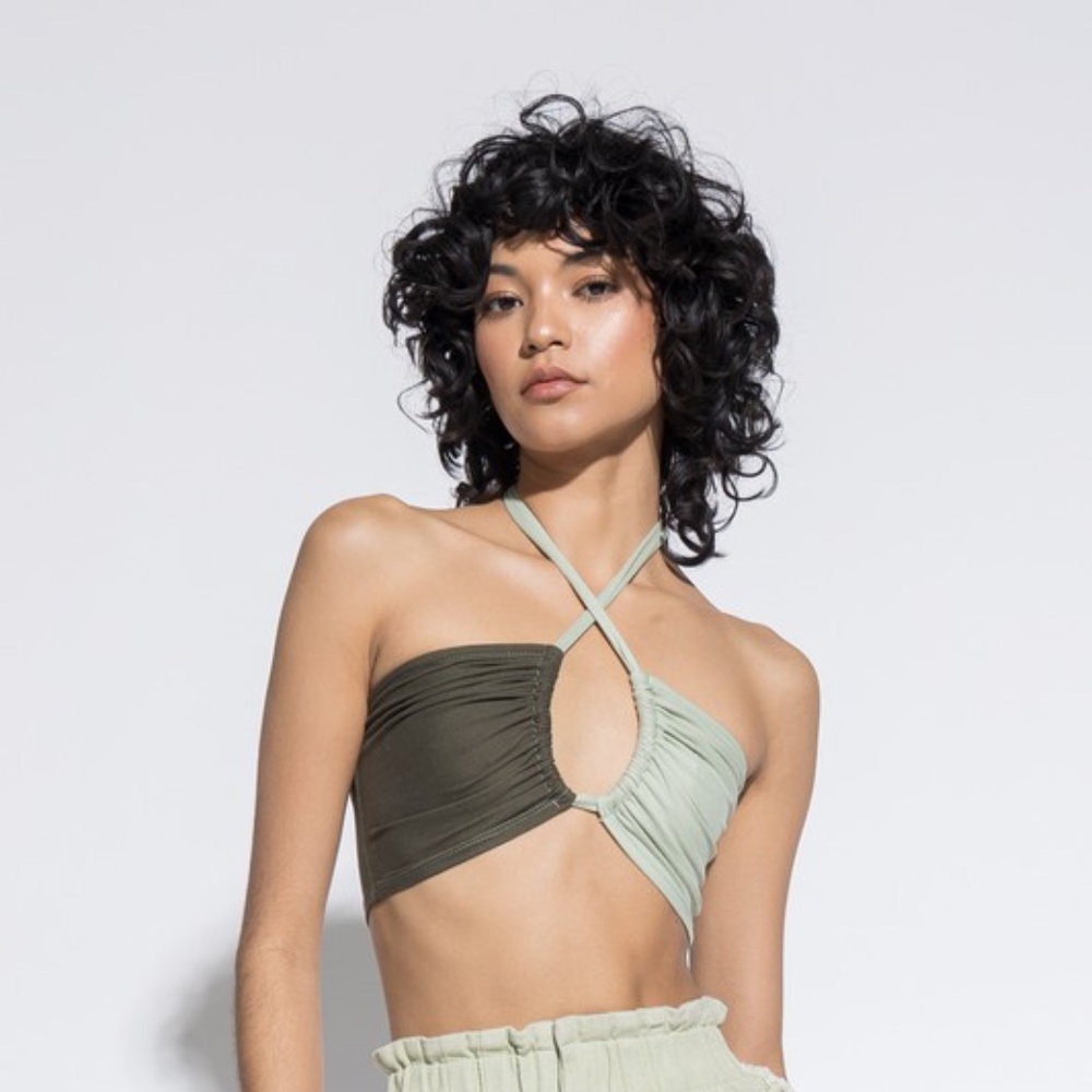 Colorblock Crop Top Two way Tie Halter Neck